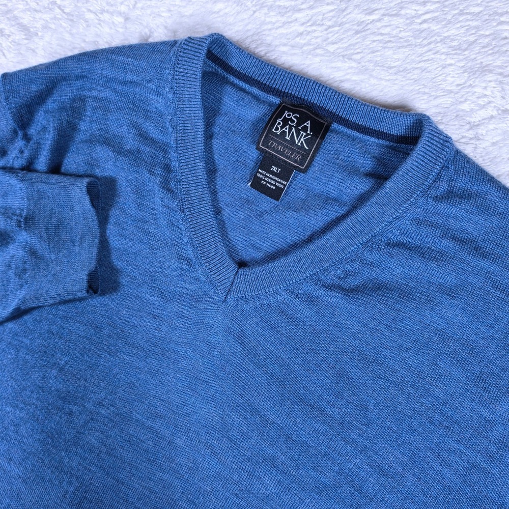 Jos. A. Bank Traveler Mens 2XLT Blue Wool L/S V-Neck Sweater